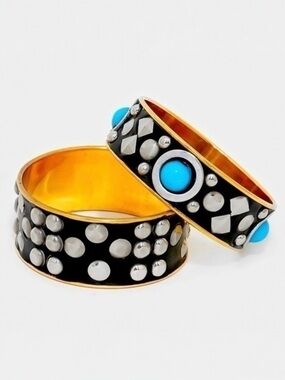 Vintage Y2K Style Eclectic Grandpa Turquoise Black Silver Stud Bangle Bracelets